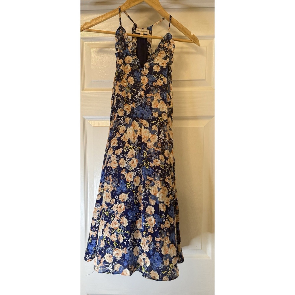 Rebecca Taylor Dress Womens 0 Blue Floral Silk Halter Ruffle Racerback Mini
